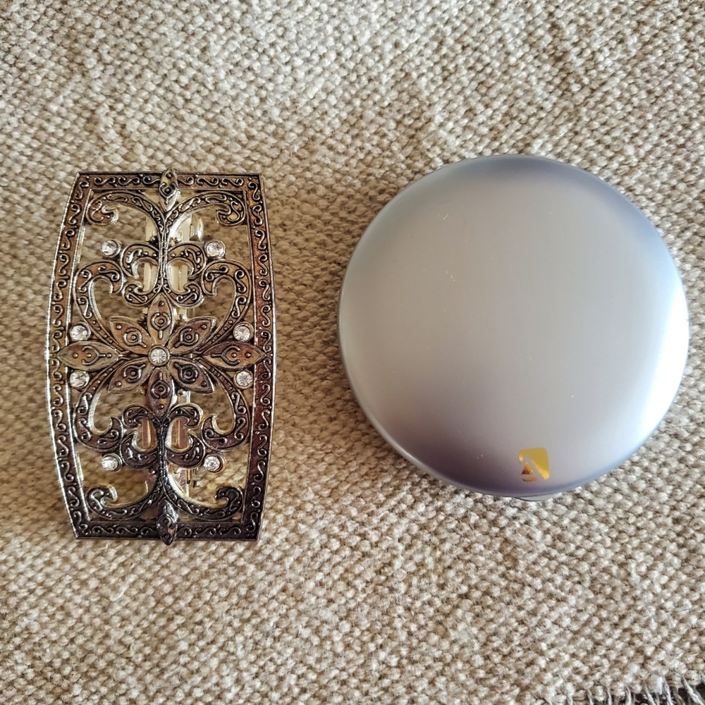 Avon Lighted Makeup Mirror Compact, Dual Sided. & Silver Rhinestone Hair Clip.